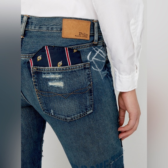 Polo Ralph Lauren Avery Patchwork Boyfriend Jeans, Blue Denim Lion Crest Size 25 - Picture 3 of 6